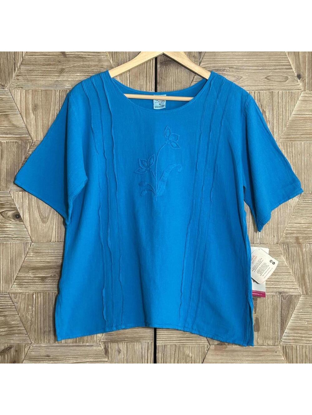 Manta del Lago Bohemian Blue Short Sleeve Cotton Top Medium Coastal Festival NWT
